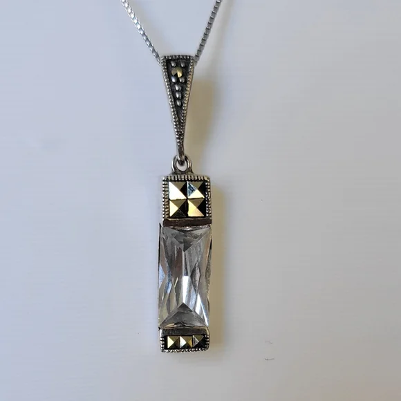 Sterling Silver 925 THAI Emerald Cut Cubic Zirconia Marcasites Necklace 18” - Picture 5 of 11